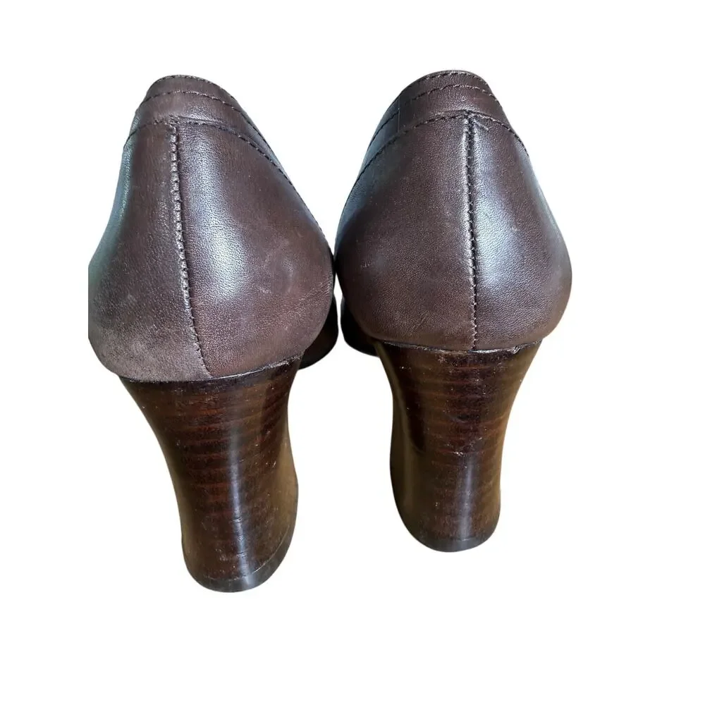 Y2K Vintage Nine West brown leather chunky heeled‎ loafers Buckle Preppy 7.5